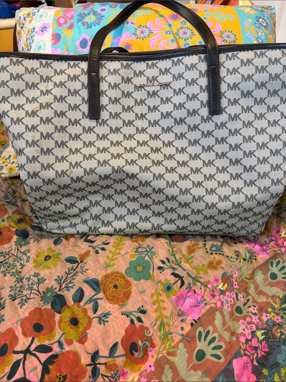 Michael Kors Gray MK Logo Tote with Black Handles